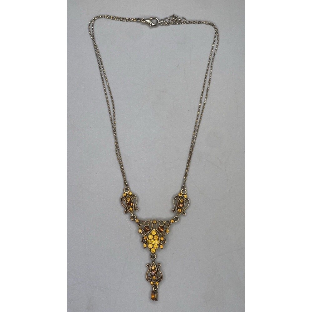 Vintage Art Nouveau Filigree Brass Tone Amber Stone Double Chain Necklace